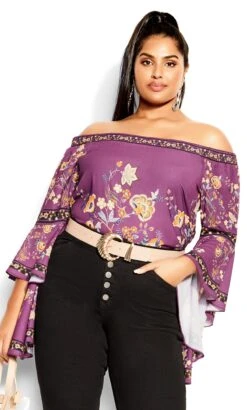 City Chic Purple Floral Border Print Bardot Top