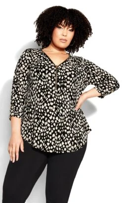 Avenue Black Dalmatian Print Zip Neck Top
