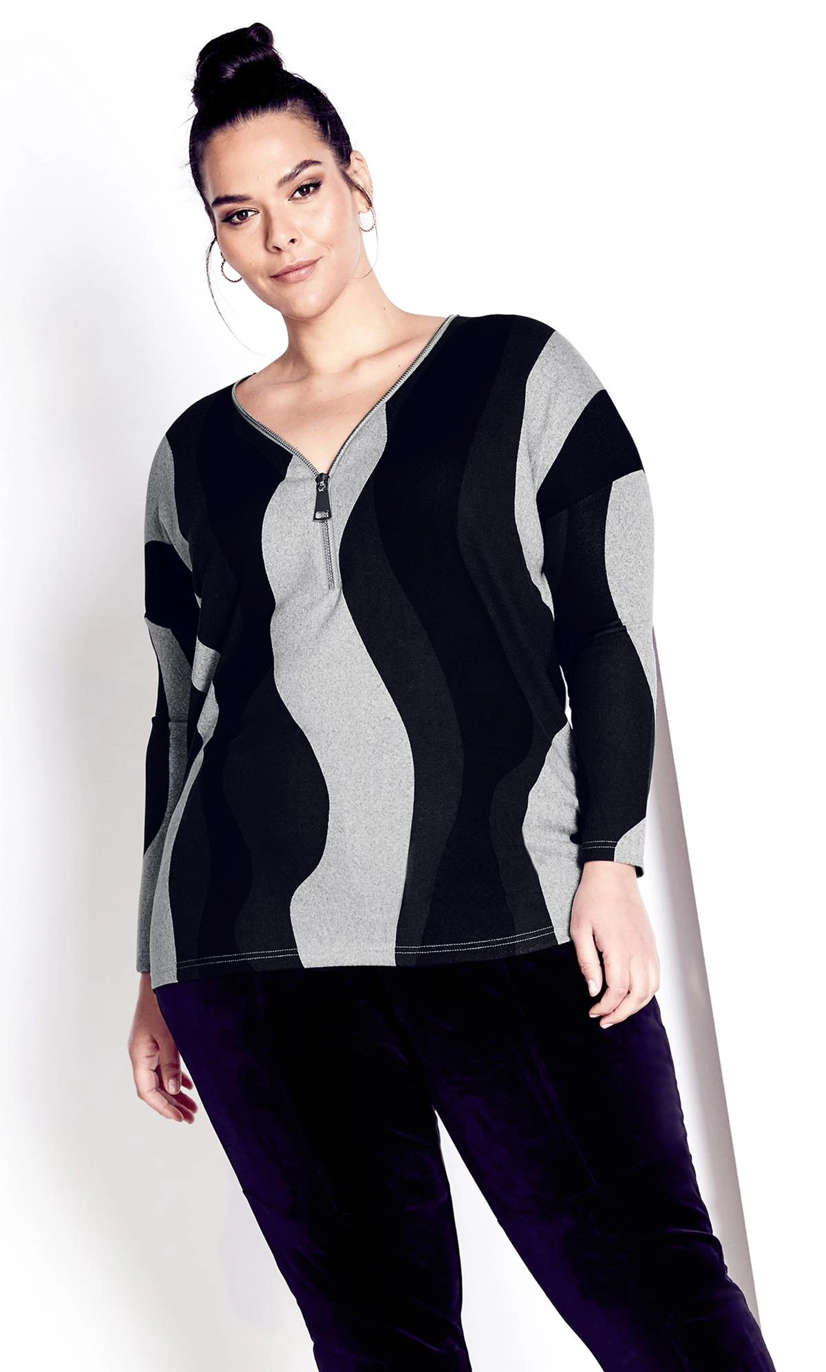 City Chic Zim & Zoe Black Lina Zip Print Top - Image 2