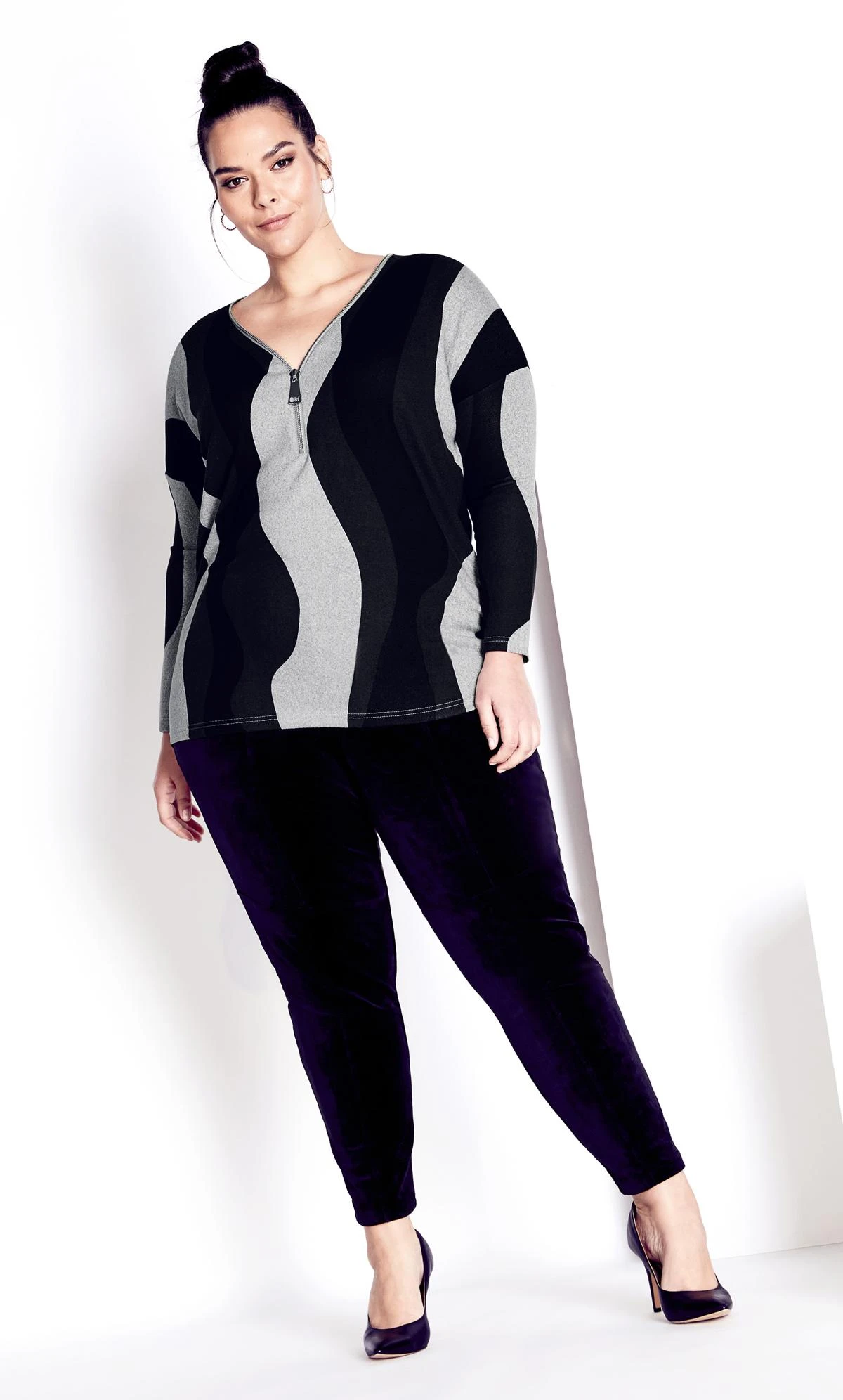 City Chic Zim & Zoe Black Lina Zip Print Top
