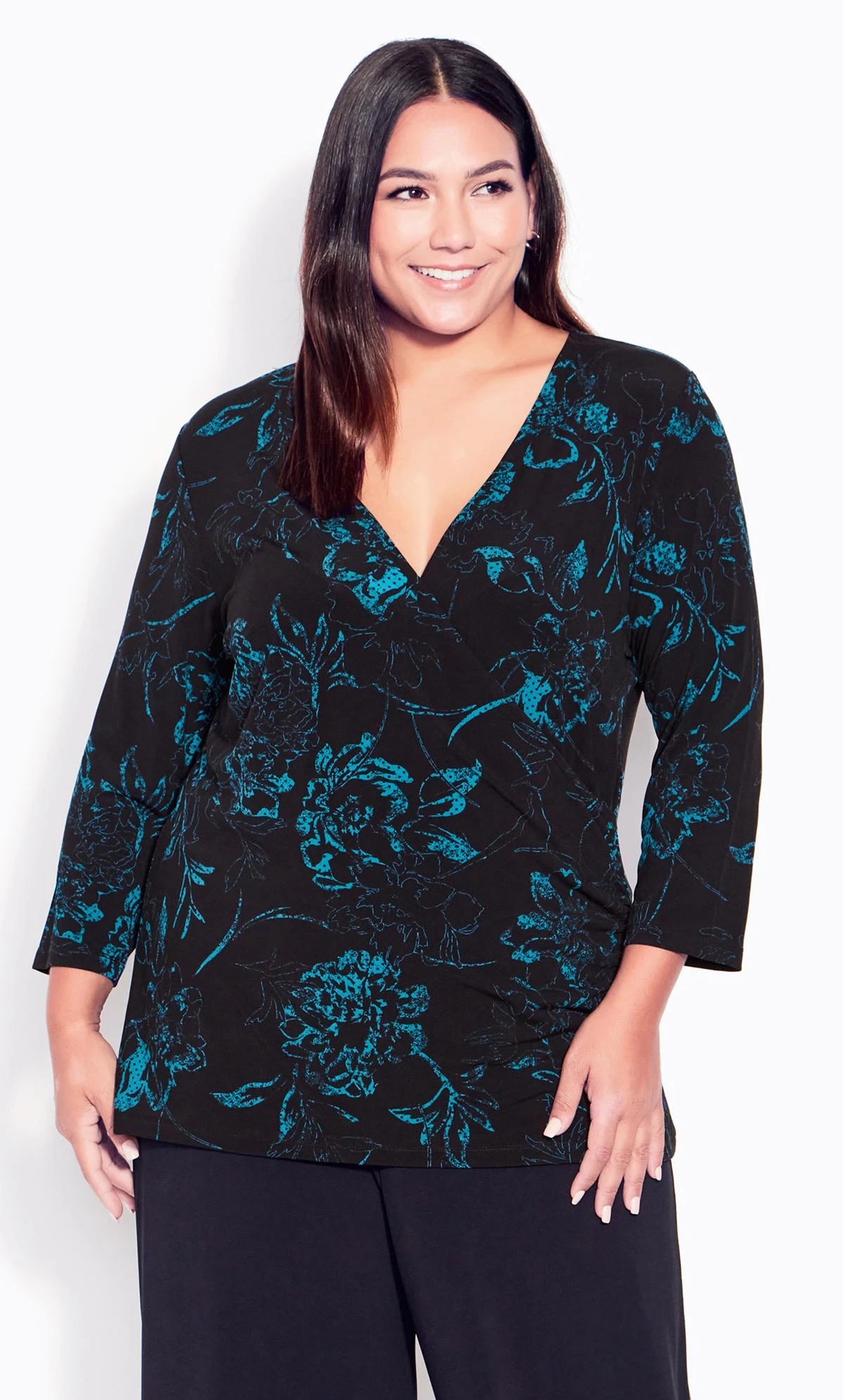 Avenue Black & Teal Floral Wrap Top - Image 2