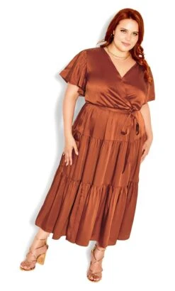 City Chic Brown Satin Tiered Wrap Maxi Dress