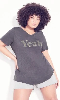 Avenue Black 'Yeah' Slogan T-Shirt