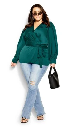 City Chic Jade Green Satin Wrap Top