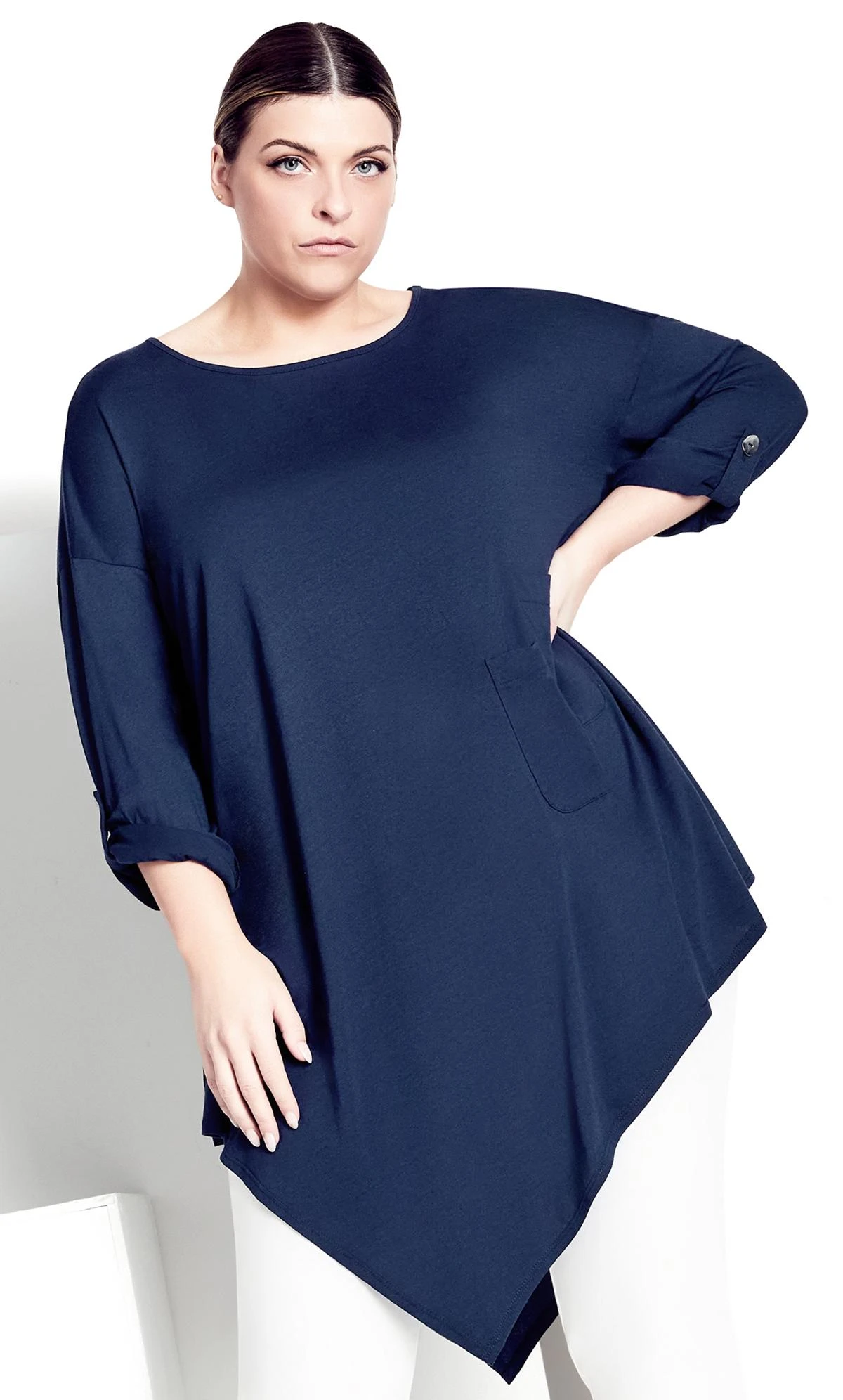 City Chic Isolde Roth Navy Plain Asymmetrical Pocket Top