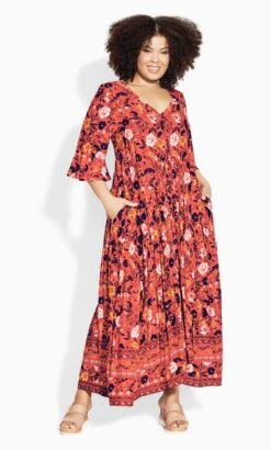 Avenue Orange Floral Print Pocket Maxi Dress
