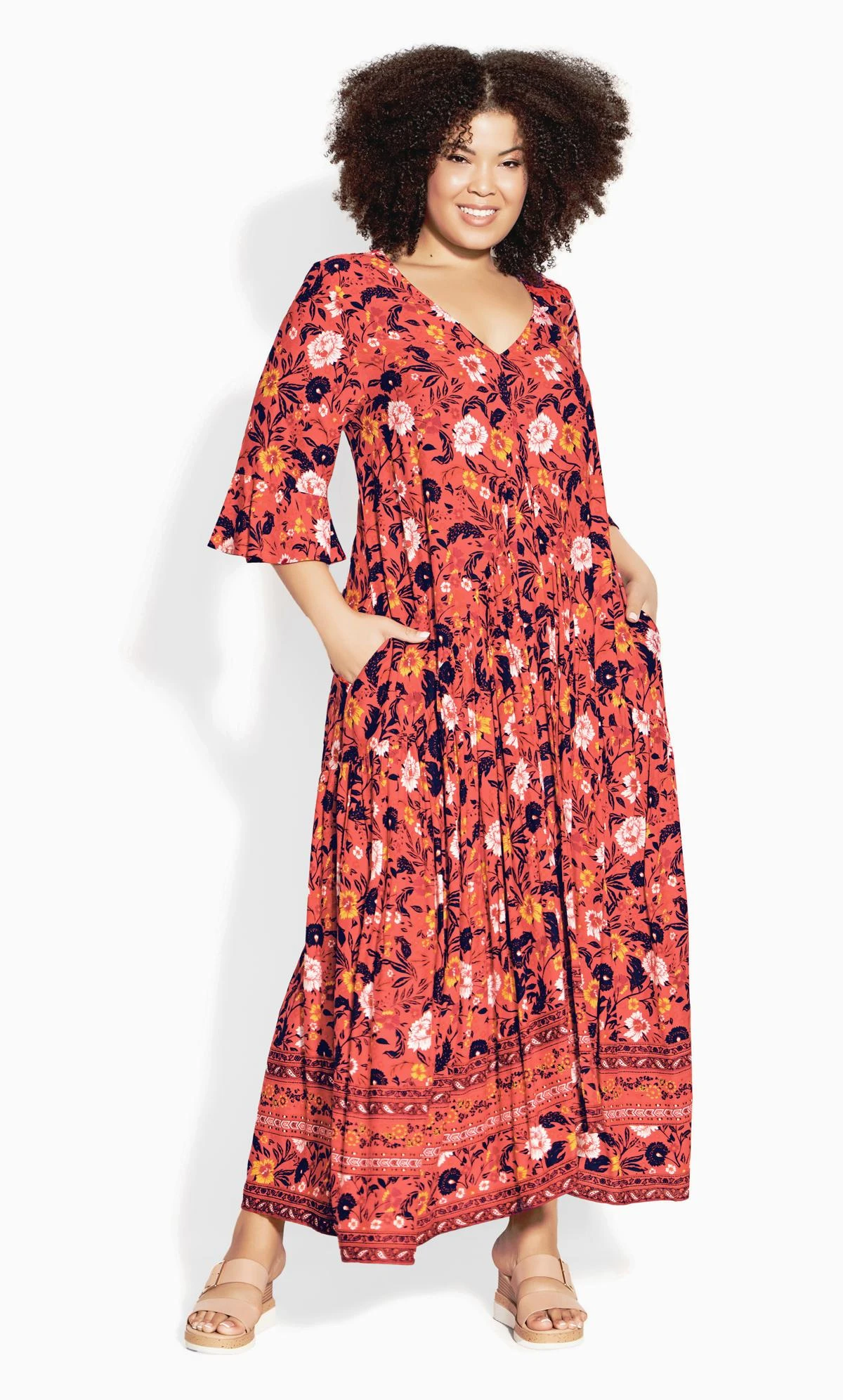 Avenue Orange Floral Print Pocket Maxi Dress