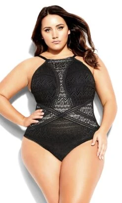 City Chic Black Lace Halterneck Swimsuit
