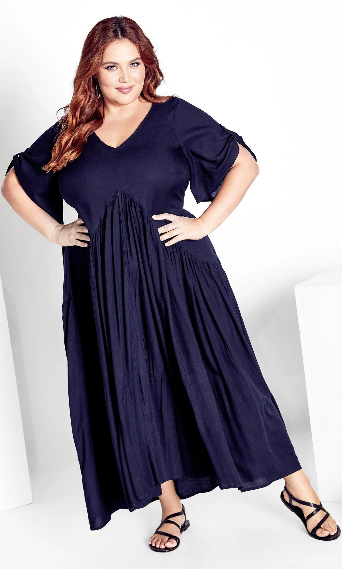 Avenue Navy Blue Pleated Maxi Dress