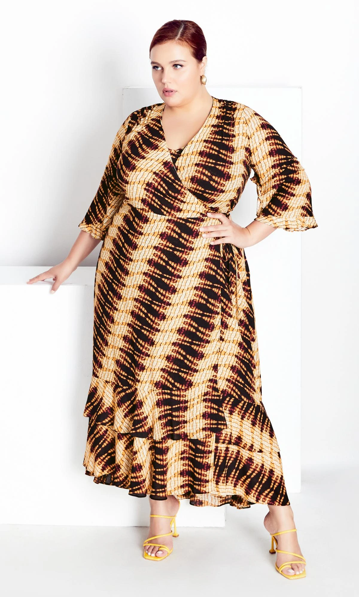 Evans Yellow & Brown Swirl Print Wrap Smock Maxi Dress - Image 3