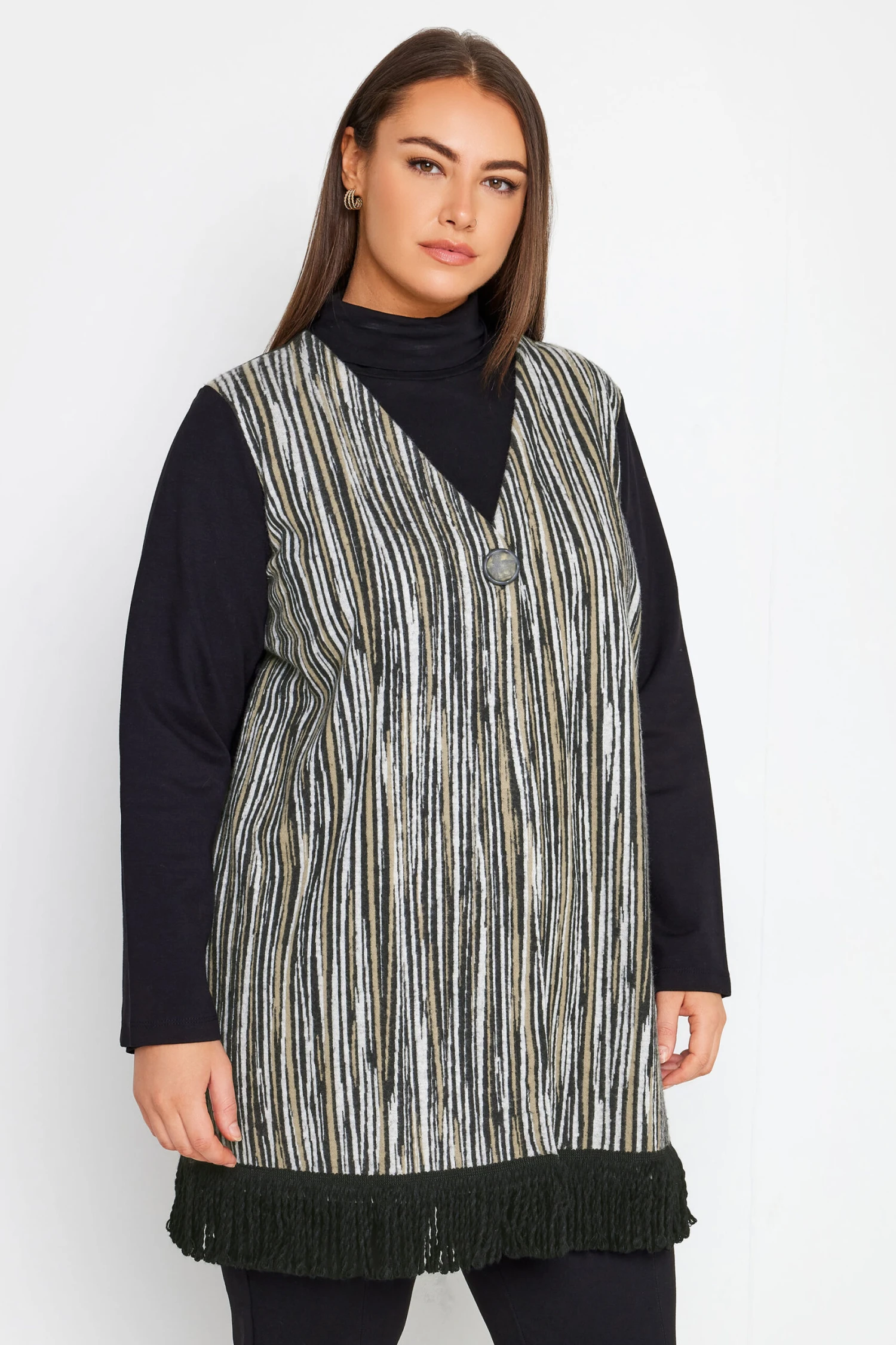 City Chic Black & Grey Abstract Print Zip Front Long Sleeve Top