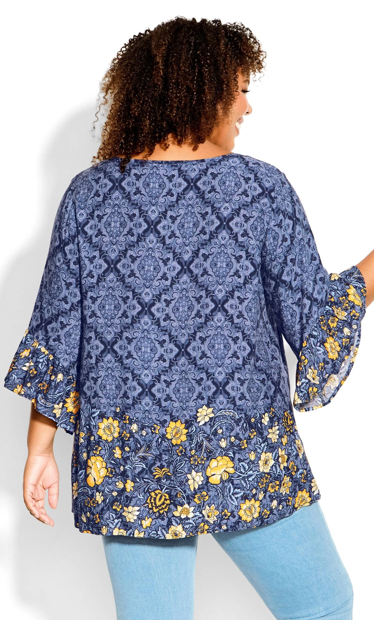 Avenue Blue & Yellow Floral Border Print Hanky Hem Top - Image 2