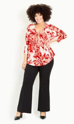 Avenue White & Red Floral Print Zip Neck Top