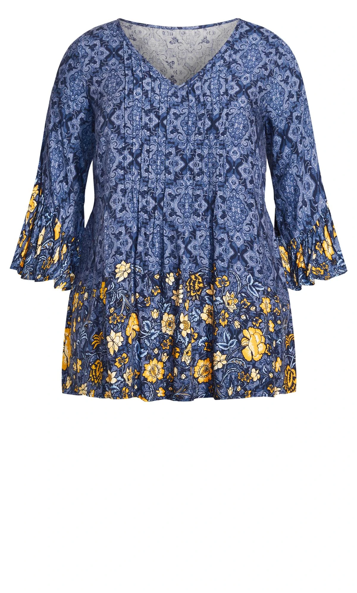 Avenue Blue & Yellow Floral Border Print Hanky Hem Top - Image 4