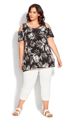 Avenue Black & White Palm Print Cold Shoulder Top