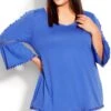 Avenue Blue Lace Trim Flute Sleeve Top