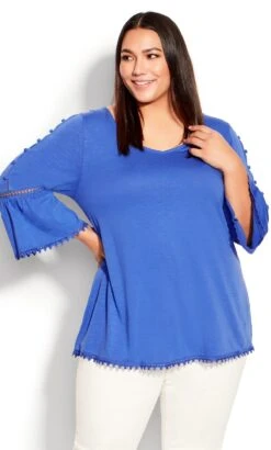 Avenue Blue Lace Trim Flute Sleeve Top