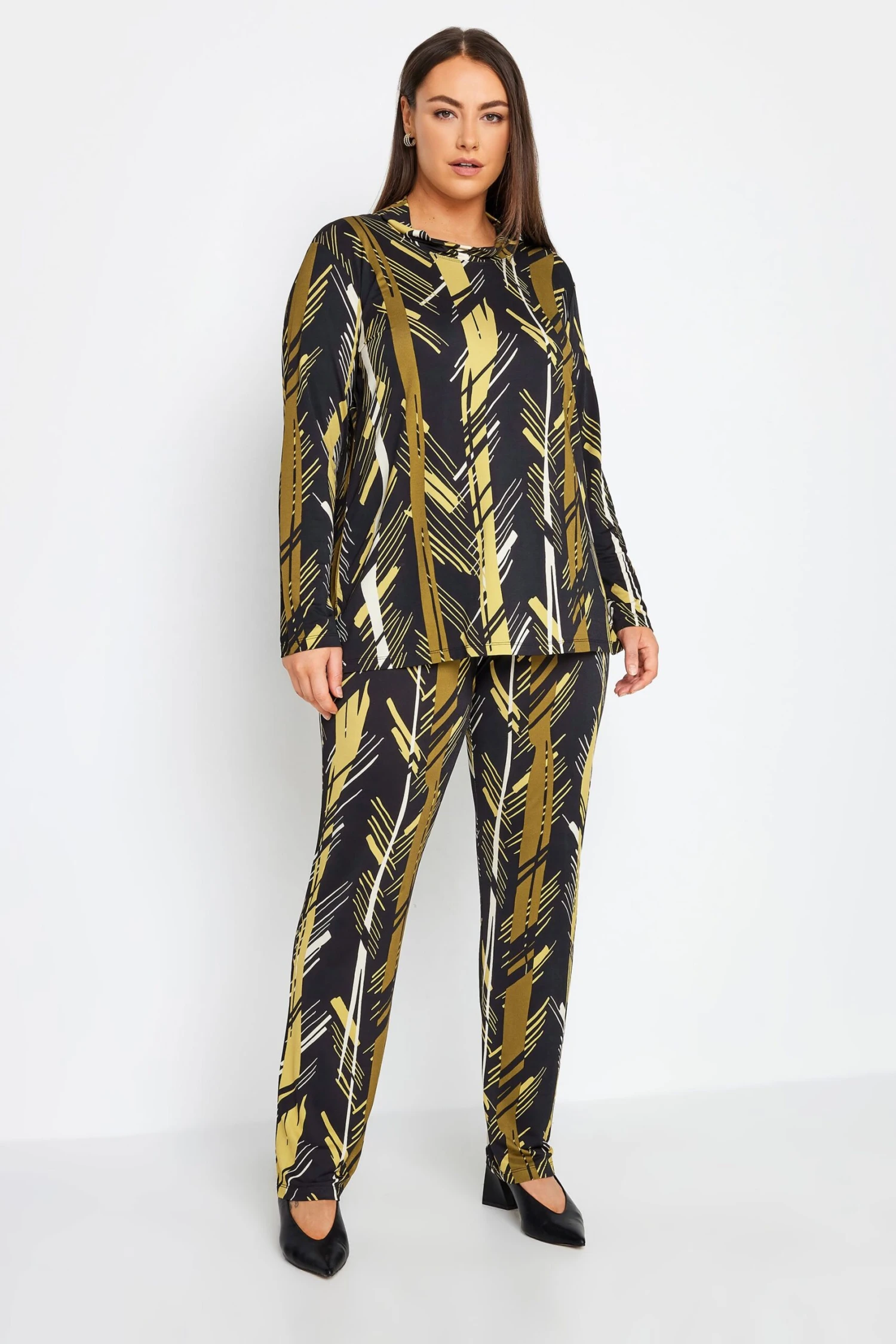 City Chic Black & Yellow Abstract Long Sleeve Top - Image 2