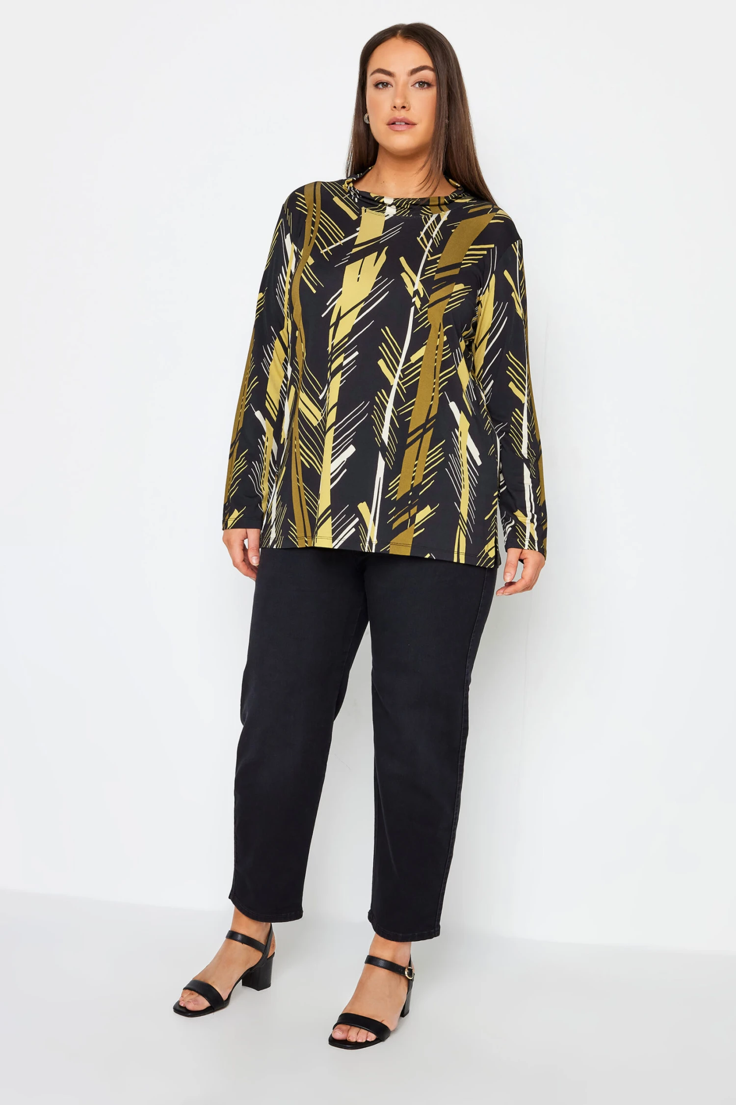 City Chic Black & Yellow Abstract Long Sleeve Top - Image 3
