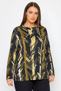 City Chic Black & Yellow Abstract Long Sleeve Top