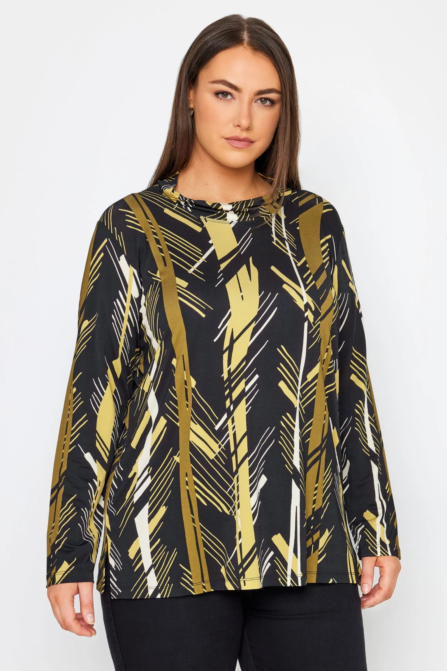 City Chic Black & Yellow Abstract Long Sleeve Top