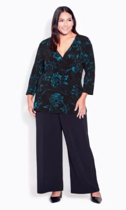 Avenue Black & Teal Floral Wrap Top
