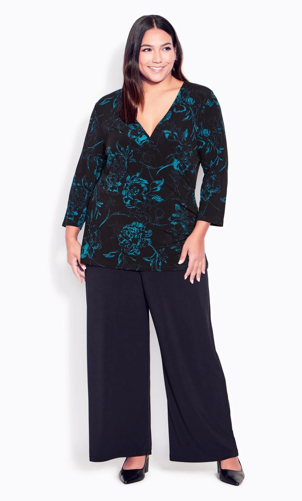 Avenue Black & Teal Floral Wrap Top