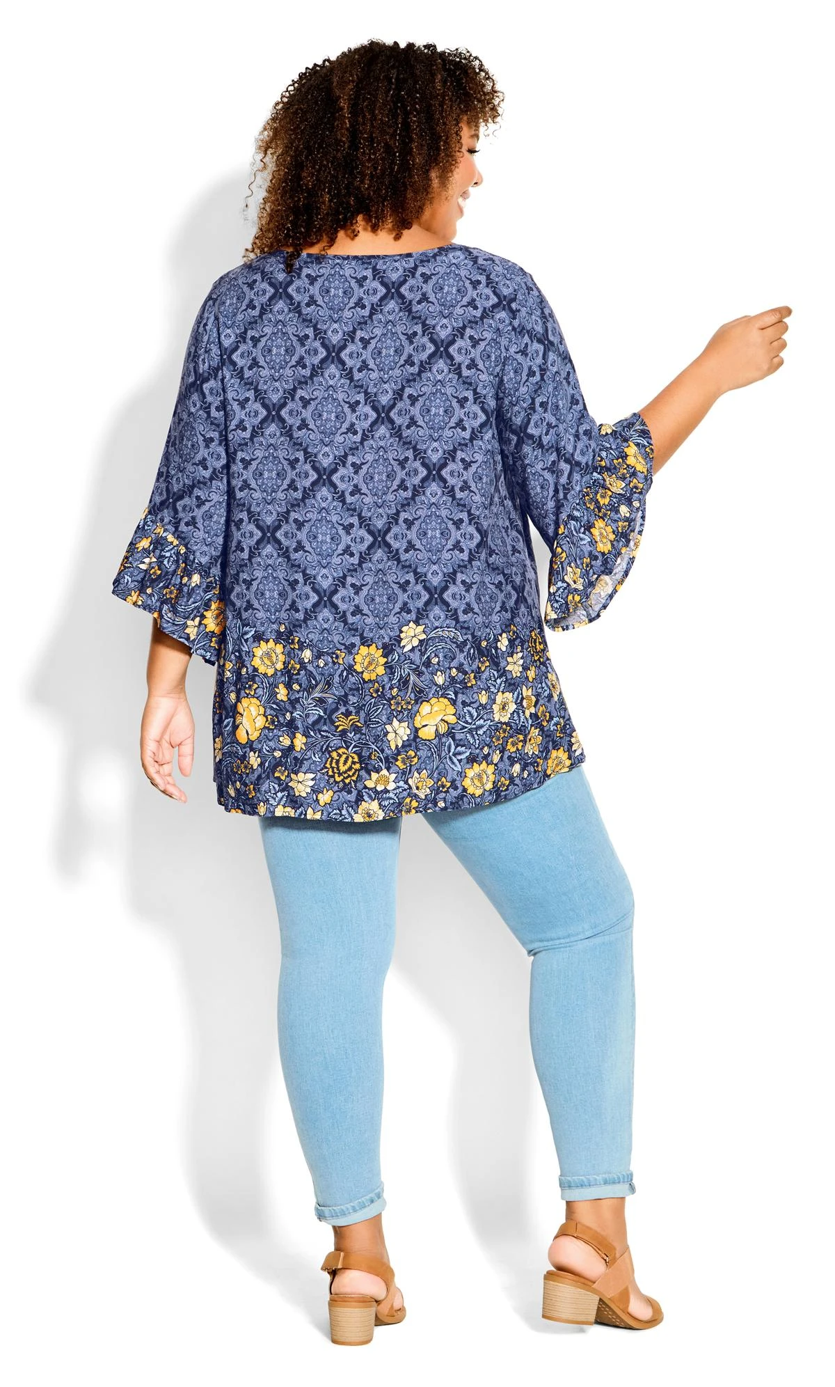 Avenue Blue & Yellow Floral Border Print Hanky Hem Top - Image 3