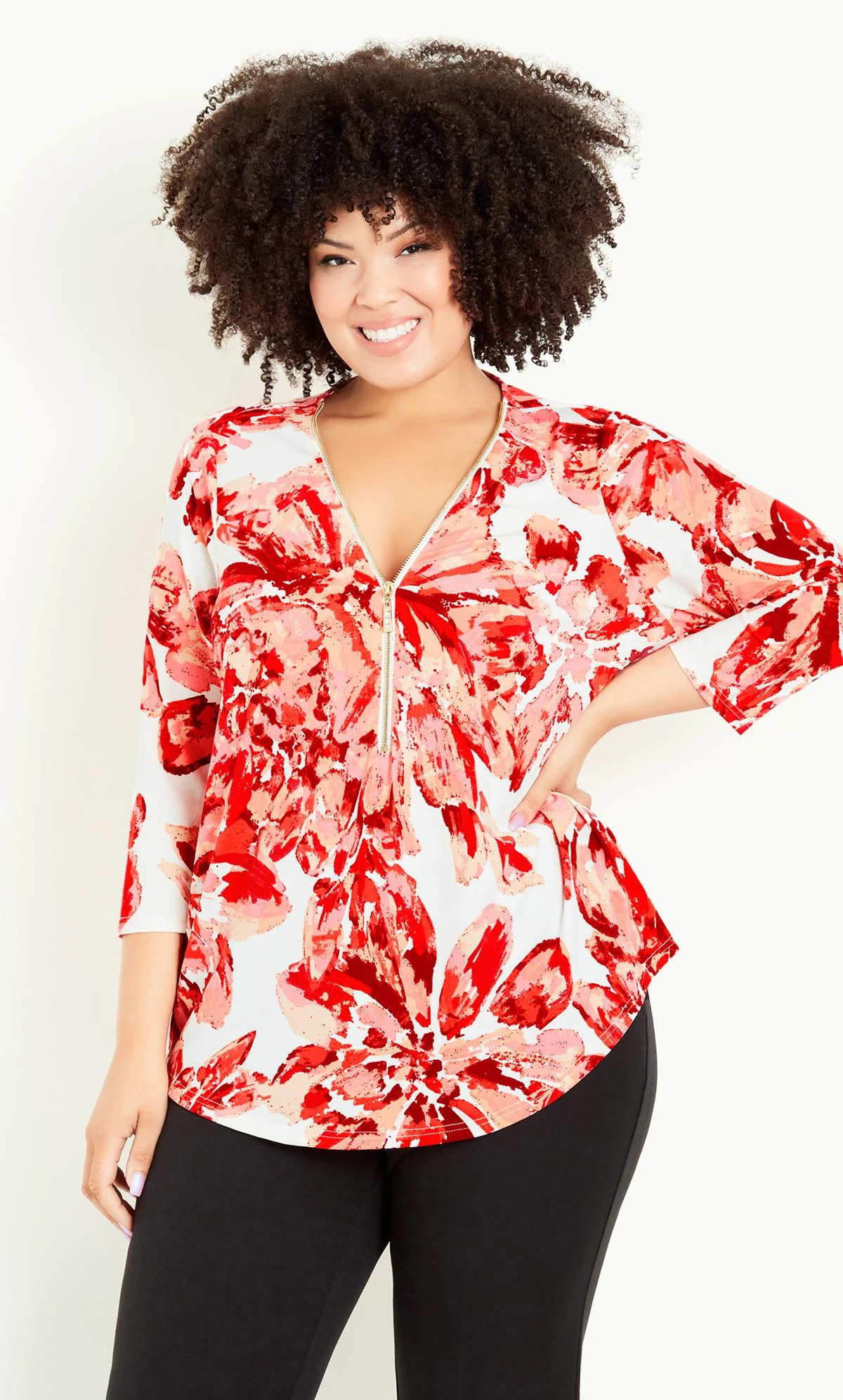 Avenue White & Red Floral Print Zip Neck Top - Image 2
